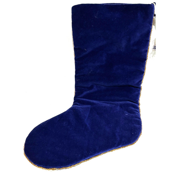 Vintage Blue Velvet Christmas Stocking Beaded Sequin Snowmen at play Exquisi 17" - Picture 5 of 7